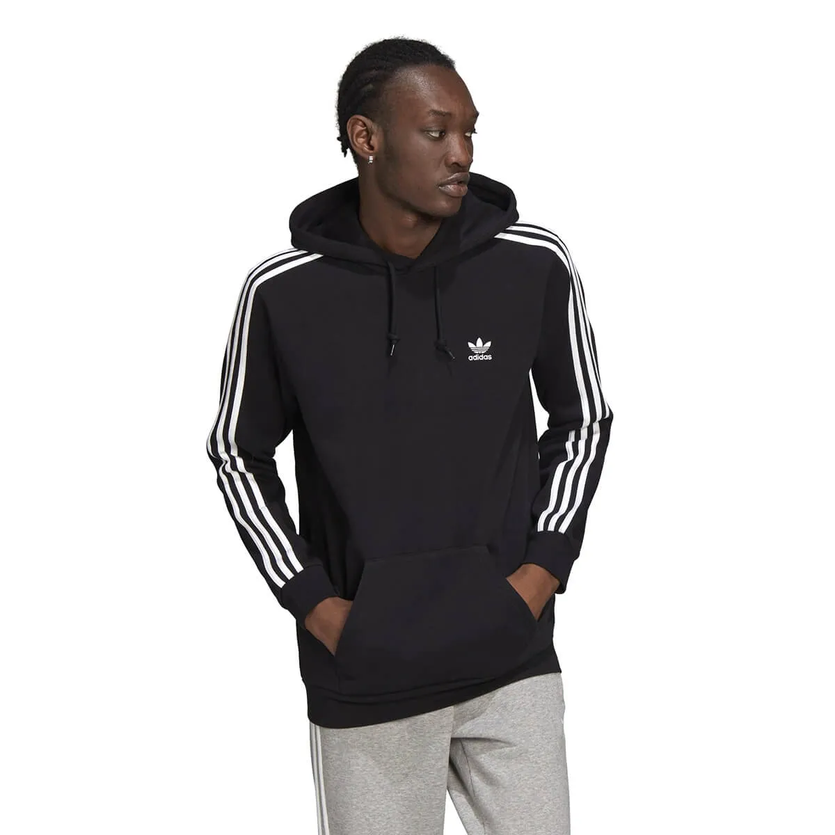 Adidas felpa 3 strisce c/capp. uomo nero