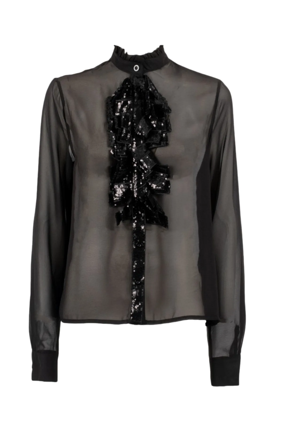 Camicia donna tessuto chiffon semi trasparente con dettaglio pettorina in micro pailettes nere