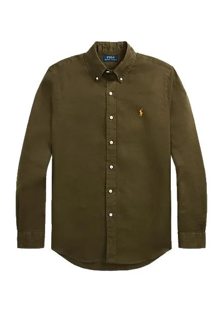 CAMICIA VERDE IN LINO CON RICAMO LOGO