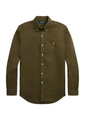 CAMICIA VERDE IN LINO CON RICAMO LOGO