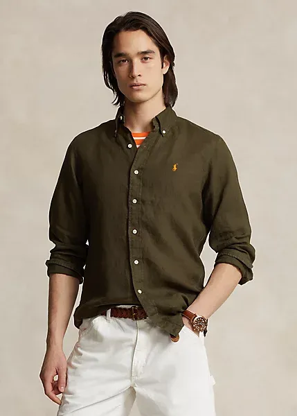 CAMICIA VERDE IN LINO CON RICAMO LOGO