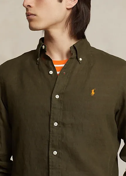 CAMICIA VERDE IN LINO CON RICAMO LOGO