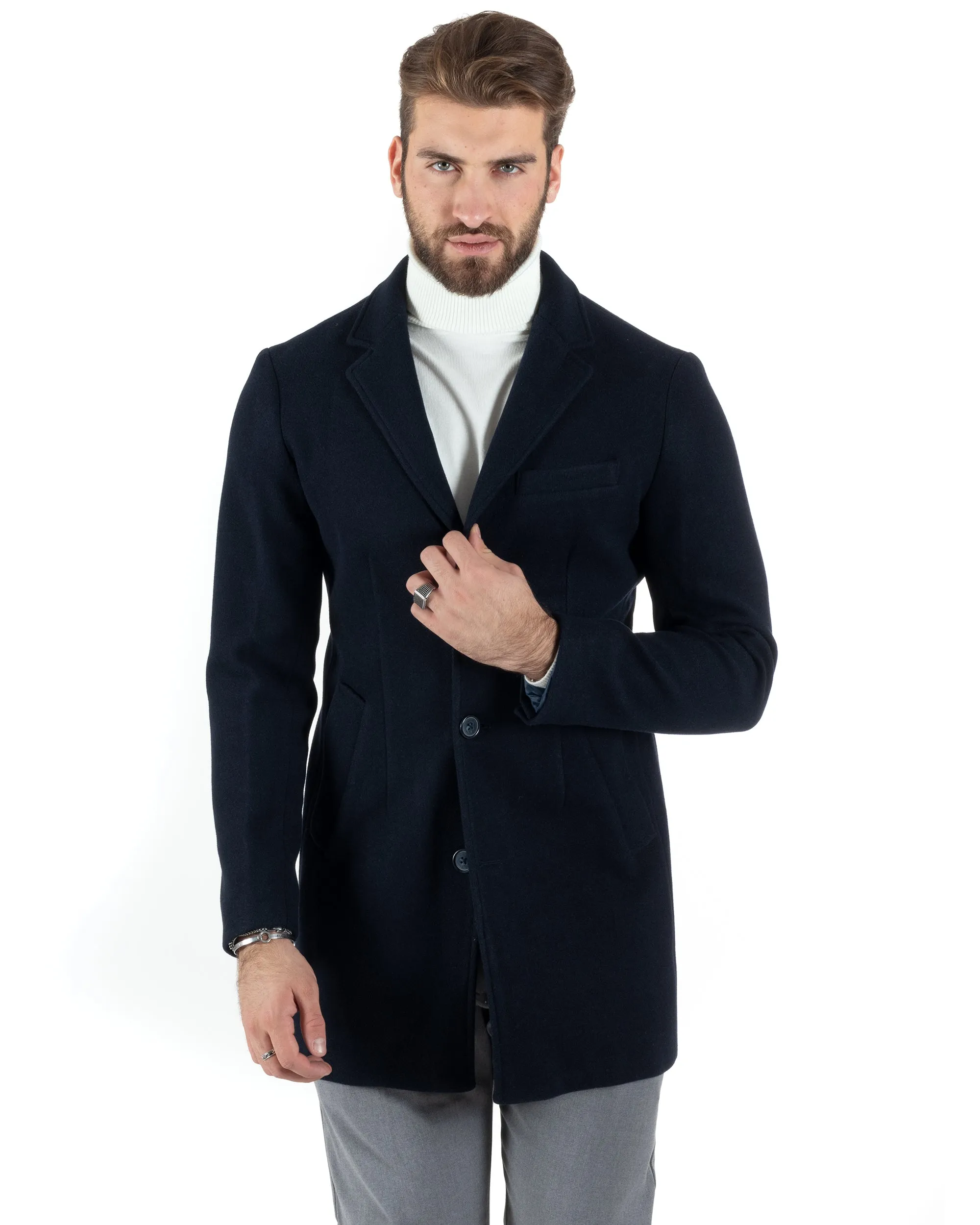 Cappotto Monopetto Uomo Giacca Colletto Reverse Giaccone Tinta Unita Blu Baronetto Elegante GIOSAL-CO1000A