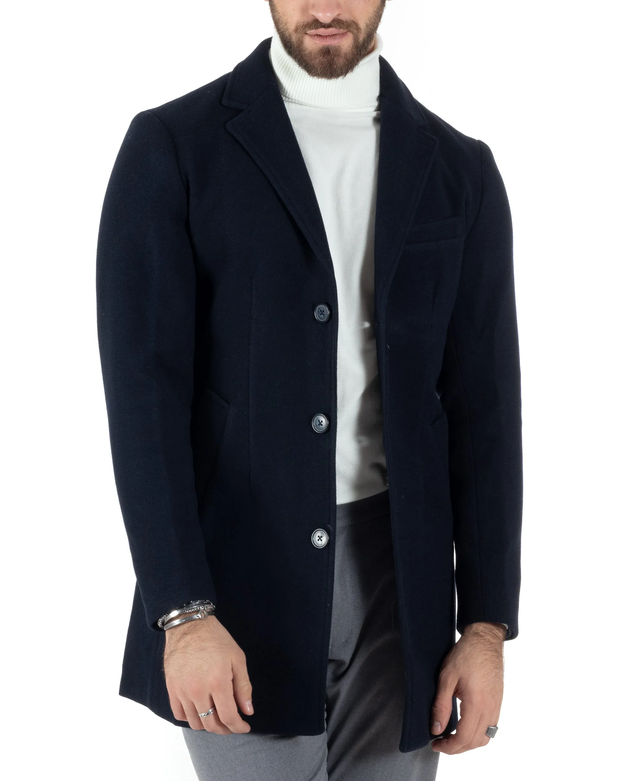 Cappotto Monopetto Uomo Giacca Colletto Reverse Giaccone Tinta Unita Blu Baronetto Elegante GIOSAL-CO1000A