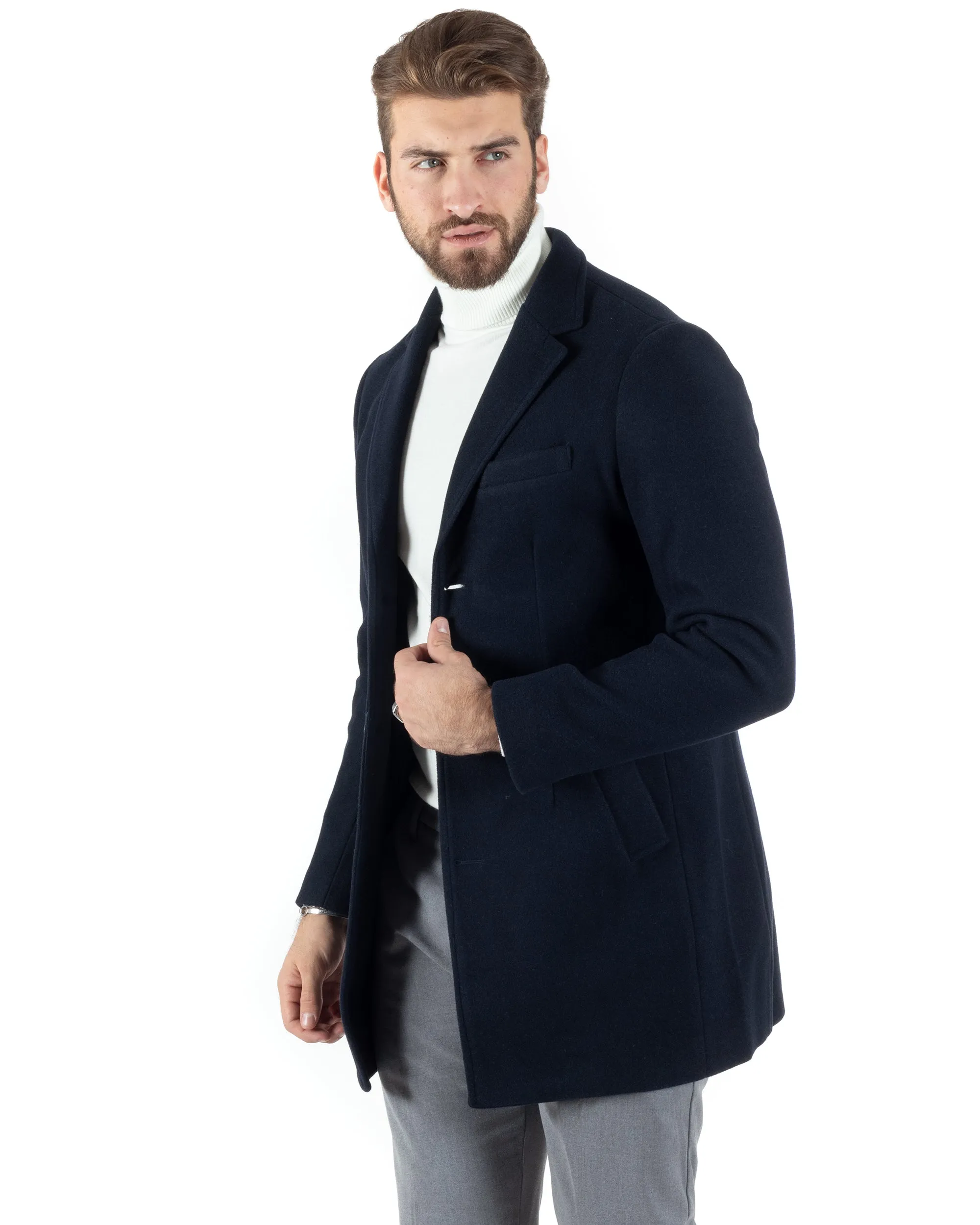 Cappotto Monopetto Uomo Giacca Colletto Reverse Giaccone Tinta Unita Blu Baronetto Elegante GIOSAL-CO1000A