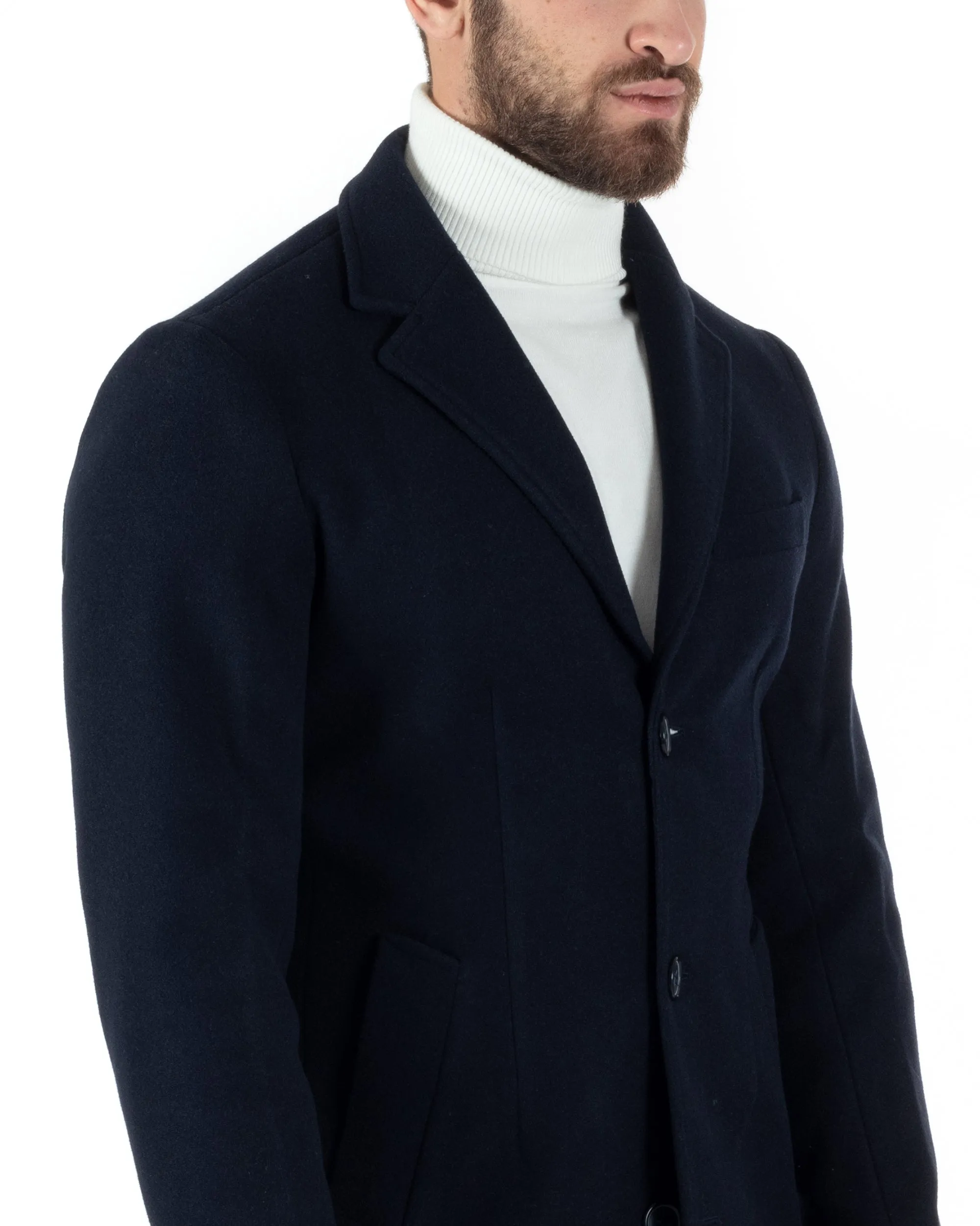 Cappotto Monopetto Uomo Giacca Colletto Reverse Giaccone Tinta Unita Blu Baronetto Elegante GIOSAL-CO1000A