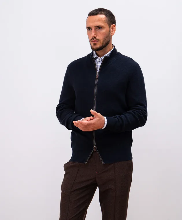 ISAIA Cardigan blu in seta e cashmere con ricamo logo MG8286Y0479