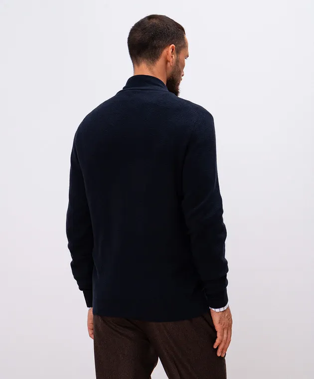 ISAIA Cardigan blu in seta e cashmere con ricamo logo MG8286Y0479