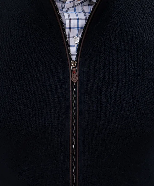 ISAIA Cardigan blu in seta e cashmere con ricamo logo MG8286Y0479