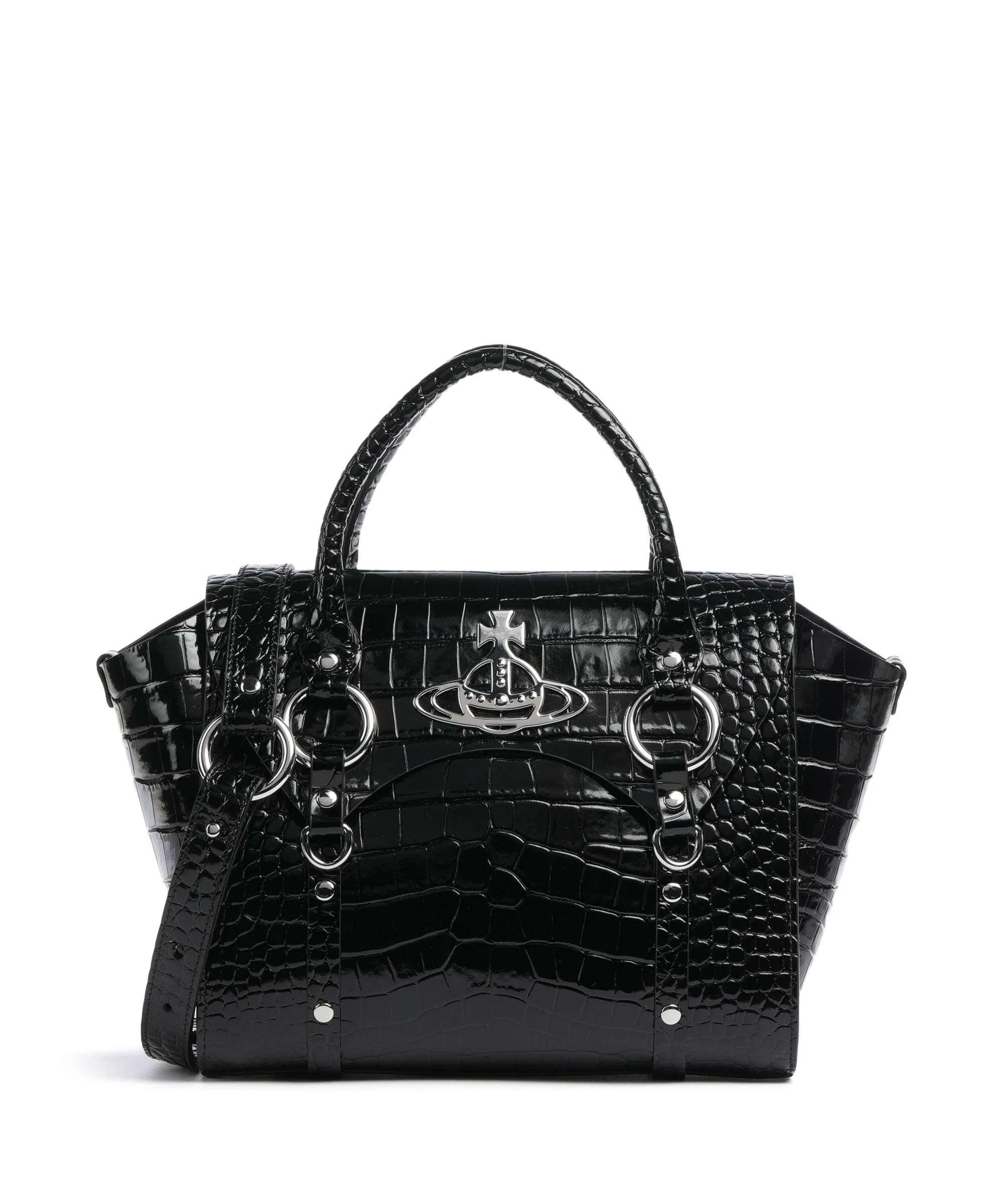  Vivienne Westwood Betty Embossed Croc Medium Borsa a mano pelle di vitello goffrata nero  